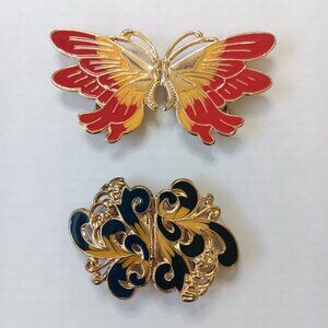 Lot of 2 Vintage 1980s Golden Metal Enamel Butterfly And Scroll Belt Buckles